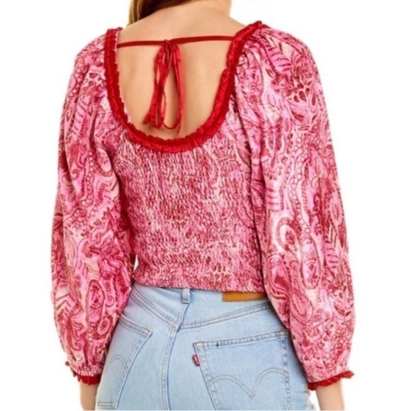 Free People Dare Me Velvet Smocked Blouse In Retro Combo. NWT! Sz S - Picture 3 of 12